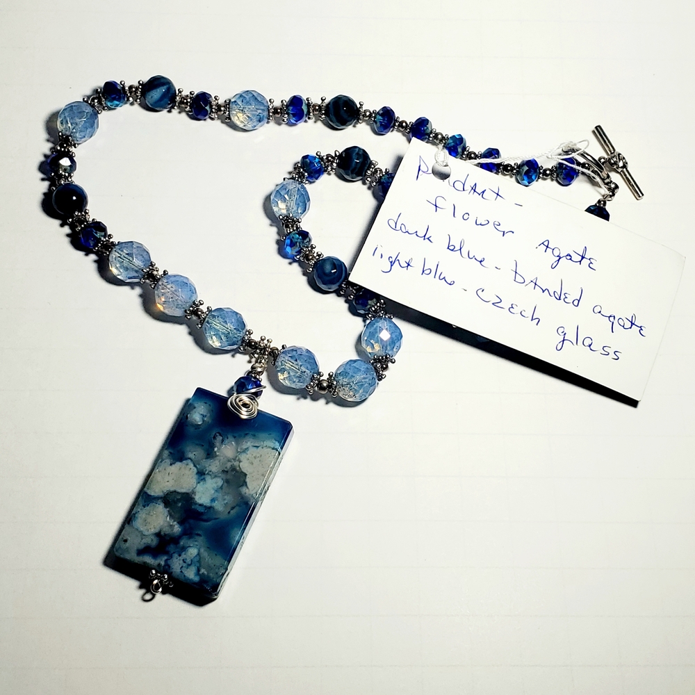 Flower Agate Pendant Necklace with Blue Czech Glass & Blue Banded Agate Beads - Picture 11 of 13